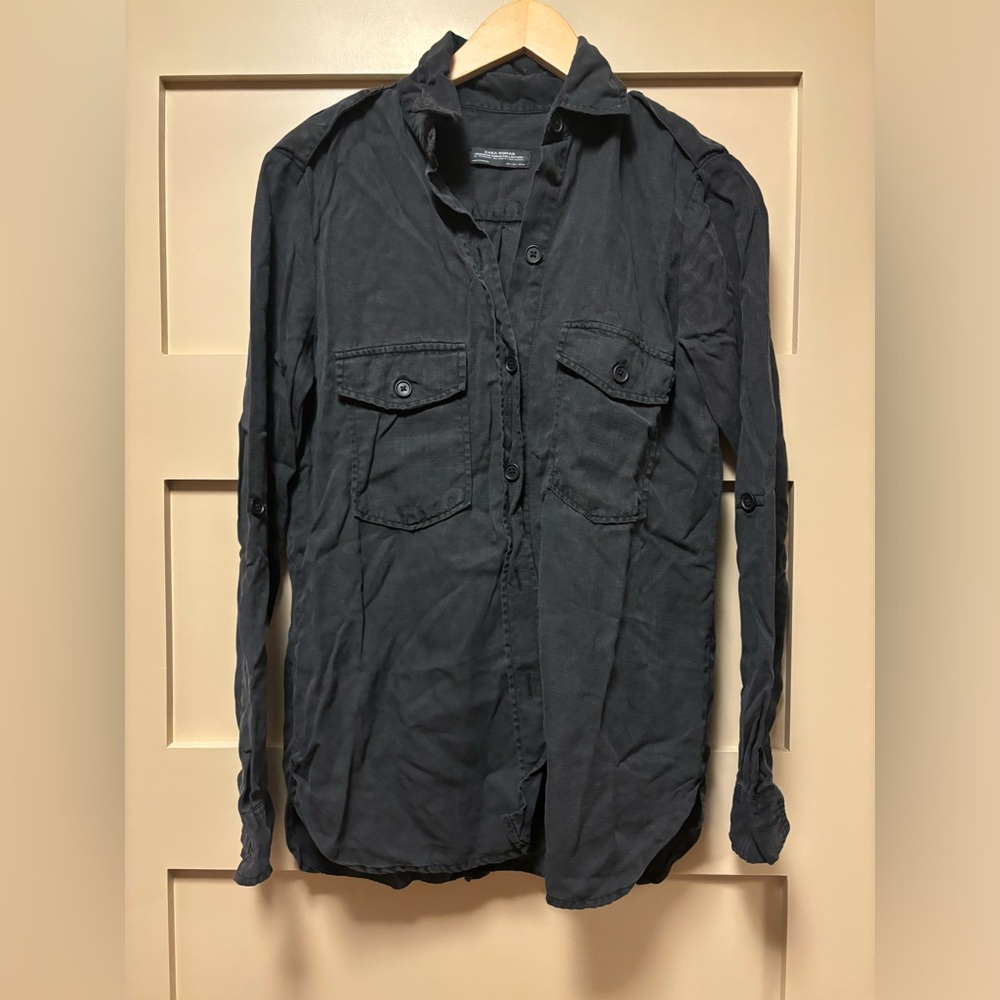ZARA Military Button Down Shirt Fluid Lyocell Faded Black Relaxed Workwear